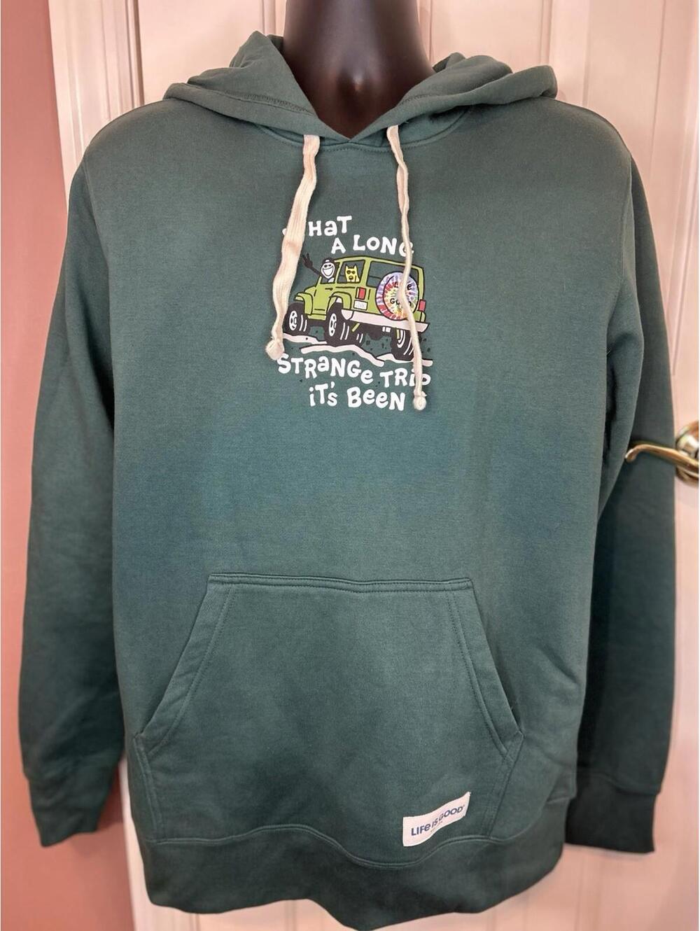 Life Is Good Hoodie Mens Medium Green What A Long Strange Trip Jeep Graphic
